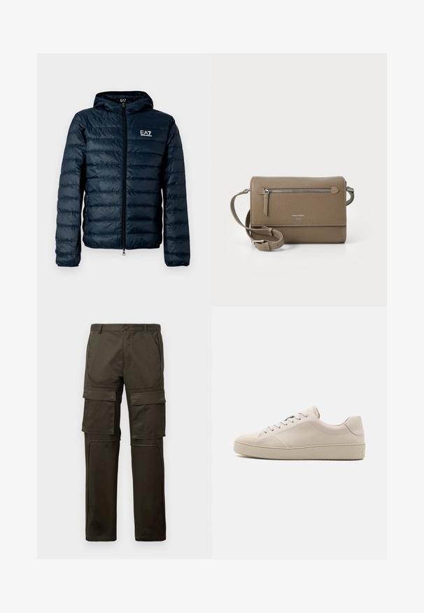 Tengerészkék steppelt pehelydzseki kapucnival, elülső cipzárral és EA7 logóval a mellkason. Simább, fényes textúrájú, rugalmas mandzsettákkal.; Zöld pamutpóló kerek nyakkivágással és rövid ujjakkal, a bal mellrészen kis fekete logóval. Sima textúra, laza szabás.; Sötét olívazöld cargo nadrág, több nagy elülső és combzsebbel, gombos záródással és varrott térdpanelekkel, fehér háttér előtt.; Beige bőr sportcipők sima felülettel, kerek orral, lapos talppal és klasszikus fűzős dizájnnal. Diszkrét varrások és strukturált talp.; Taupe színű bőr keresztpántos táska cipzáras elülső zsebbel, állítható pánttal, gyöngy felületű textúrával és a táska elején domború logóval.
