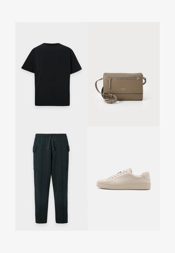 Navy blue quilted puffer jacket with a hood, front zipper, and EA7 logo on the chest. Features a smooth, shiny texture and elastic cuffs.; Black T-shirt with a relaxed fit, short sleeves, and a subtle embossed letter "B" on the left chest. Made from smooth cotton fabric.; Black sweatpants with a drawstring waist, side pockets, cargo pocket detail, and visible stitching. Soft fabric with a relaxed fit.; Beige leather sneakers with a smooth finish, rounded toe, flat sole, and classic lace-up design. Subtle stitching accents and textured outsole.; Taupe leather crossbody bag with a zippered front pocket, adjustable strap, pebble texture, and embossed logo on the front.