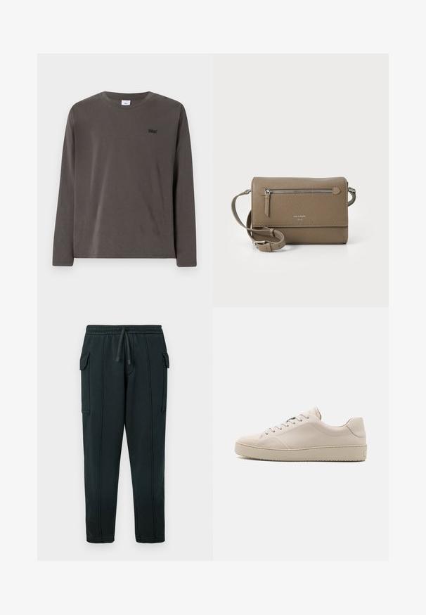 Jūras zilas krāsas apjomīga dūnu jaka ar kapuci, priekšpusē rāvējslēdzēju un EA7 logotipu krūtīs. Raksturo gluda, spīdīga virsma un elastīgas aproces.; Tumšās pelēkās kokvilnas garām piedurknēm krekls ar apaļu kakla izgriezumu un mazu melnu logotipu uz kreisā krūšu. Gluda tekstūra, ikdienišķs dizains.; Melnas sporta bikses ar auklu jostasvietā, sānu kabatām, kabatas detaļu un redzamu šuvju apdari. Mīksts audums ar brīvu piegriezumu.; Bežīgas ādas sporta kurpes ar gludu virsmu, noapaļota purngala daļa, plakanā zole un klasiskā sasienamo kurpju dizains. Subtilas šuves akcenti un teksturēta zole.; Taupe krāsas ādas pleca soma ar rāvējslēdzēja priekšējo kabatu, regulējamu siksnu, akmens tekstūru un iegravētu logo priekšpusē.