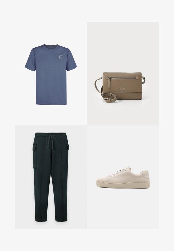 Navy blue quilted puffer jacket with a hood, front zipper, and EA7 logo on the chest. Features a smooth, shiny texture and elastic cuffs.; Blue cotton t-shirt featuring short sleeves and a crew neckline, with a circular logo on the upper left chest area. Smooth texture.; Black sweatpants with a drawstring waist, side pockets, cargo pocket detail, and visible stitching. Soft fabric with a relaxed fit.; Beige leather sneakers with a smooth finish, rounded toe, flat sole, and classic lace-up design. Subtle stitching accents and textured outsole.; Taupe leather crossbody bag with a zippered front pocket, adjustable strap, pebble texture, and embossed logo on the front.