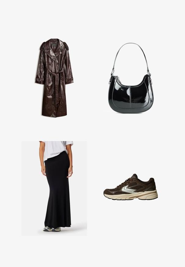 Bruine neplederen trenchcoat met een dubbelerij knopen, schouderepauletten, een tailleriem en een gestructureerde afwerking.; Gestreept overhemd in bruin en wit, met lange mouwen, een puntige kraag en een afgeronde zoom. Gestructureerde stof met verticale strepen.; Zwarte mouwloze top met een ronde hals, gemaakt van zachte stof. Heeft een fitted vorm en schone naden. Geen extra patronen of accenten.; Zwarte stretchy maxirok, strakker bij de taille, uitlopend aan de onderkant. Gecombineerd met een losse witte top en grijze sportschoenen.; Bruine sportschoen met mesh panelen, een witte accentontwerp, een gewatteerde rubberen zool en een textiele bovenkant voor ademend vermogen.; Zwarte gepatineerde leren handtas met een gebogen ontwerp, ritssluiting en een enkele schouderriem met zilverkleurige hardware en stikselaccenten.