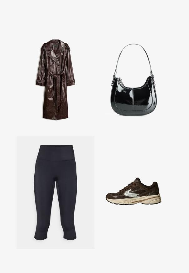 Hnědý trenčkot z umělé kůže s dvouřadým zapínáním, ramenními vycpávkami, páskem v oblasti pasu a strukturovaným povrchem.; Pruhovaná košile na knoflíky hnědé a bílé barvy, s dlouhými rukávy, špičatým límcem a zakřiveným lemem. Texturovaná látka s vertikálními pruhy.; Černý top bez rukávů s kulatým výstřihem, vyrobený z jemné látky. Má přiléhavý střih a čisté okraje. Bez dalších vzorů nebo akcentů.; Černé capri legíny vyrobené z elastického materiálu s vysokým pasem a boční kapsou. Hladký povrch s minimem švů pro pohodlí.; Hnědá sportovní obuv s prodyšnými síťovanými panely, bílým akcentem, polstrovanou gumovou podrážkou a textilním svrškem pro zajištění větrání.; Černá lakovaná kožená kabelka s zakřiveným designem, zipovým uzavřením a jedním ramenním popruhem, který má stříbrné kování a akcenty prošívání.