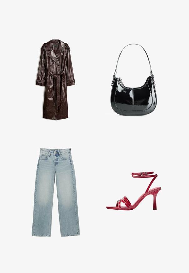 Brązowy płaszcz trench z sztucznej skóry o podwójnym zapięciu, z naramiennikami, paskiem w talii i teksturowanym wykończeniem.; Pasiasta koszula z długim rękawem w brązowo-białe paski, z punktowym kołnierzykiem i zaokrąglonym dołem. Teksturowana tkanina z pionowymi paskami.; Jasnoniebieskie dżinsy o szerokich nogawkach i wysokim stanie, z pięcioma kieszeniami, zapięciem na guzik oraz delikatnym przetarciem dla uzyskania efektu noszenia.; Czerwone lakierowane sandały na wysokim obcasie z paskowym wzorem, wyposażone w pojedynczy zamek na kostce i zwężany obcas dla stabilności.; Czarna torebka z lakierowanej skóry o zaokrąglonym kształcie, zamykana na zamek, z pojedynczym paskiem na ramię, ozdobiona srebrnymi elementami i akcentami w szwie.