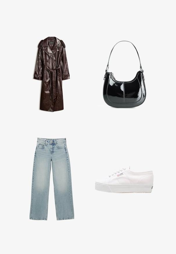 Bruine neplederen trenchcoat met een dubbelerij knopen, schouderepauletten, een tailleriem en een gestructureerde afwerking.; Gestreept overhemd in bruin en wit, met lange mouwen, een puntige kraag en een afgeronde zoom. Gestructureerde stof met verticale strepen.; Lichtblauwe denim wijde jeans met een hoge taille, voorzien van vijf zakken, een knoopsluiting en subtiele vervaging voor een versleten effect.; Superga 2790 LINEA UP AND DOWN - Sneakers laag - white; Zwarte gepatineerde leren handtas met een gebogen ontwerp, ritssluiting en een enkele schouderriem met zilverkleurige hardware en stikselaccenten.