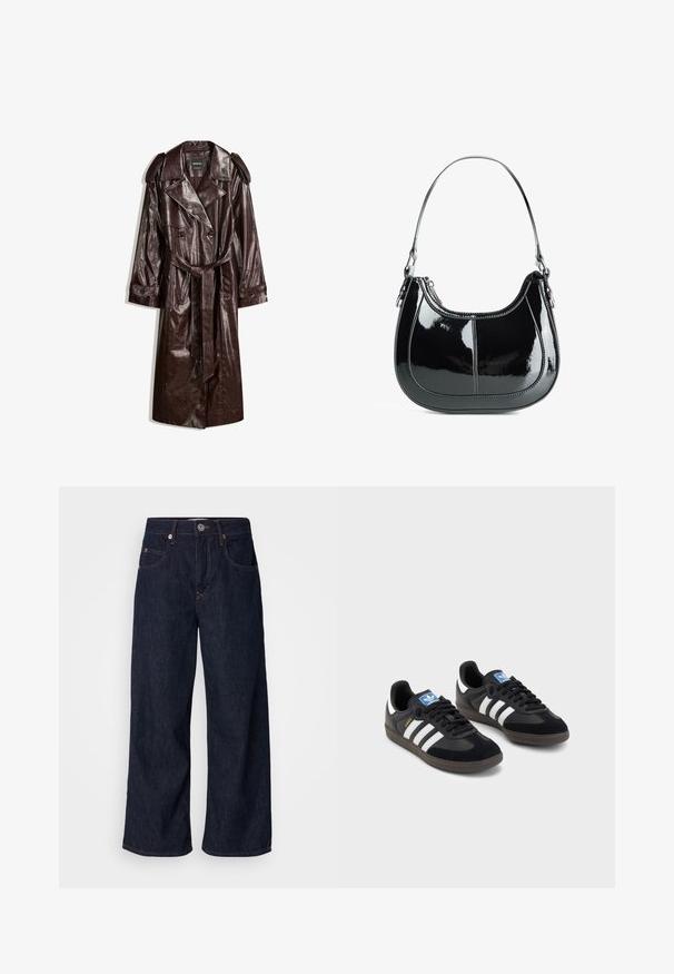 Palton trench din piele ecologică de culoare maro, cu design cu două rânduri de nasturi, epoleți pe umeri, talie cu curea și finisaj texturat.; Cămașă cu dungi în nuanțe de maro și alb, având mâneci lungi, guler ascuțit și tiv curbat. Material texturat cu dungi verticale.; Jeans din denim cu picioare largi, de culoare albastru închis, având talie înaltă, două buzunare frontale, închidere cu buton și cusături contrastante.; Tenisi negri cu superior din suede și sintetic, având trei dungi albe, talpă din cauciuc texturat și etichetă albastră cu logo pe limbă.; Geantă din piele lacuită neagră, cu un design curbat, închidere cu fermoar și un singur mâner pentru umăr, având detalii din metal argintiu și accente de coasere.