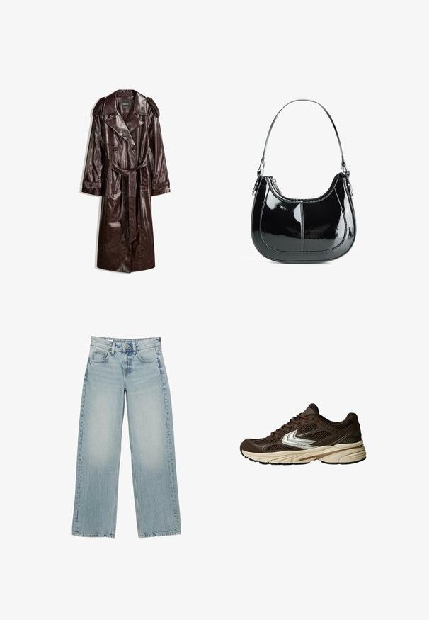 Cappotto trench in finta pelle marrone con design doppiopetto, spalline, vita con cintura e finitura testurizzata.; Top senza maniche nero con scollo a barca, realizzato in tessuto morbido. Presenta una forma aderente e bordi puliti. Nessun motivo o accentuazione aggiuntiva.; Camicia a righe marrone e bianca, con maniche lunghe, colletto a punta e orlo curvo. Tessuto texturizzato con righe verticali.; Jeans in denim azzurro chiaro a gamba larga con vita alta, dotati di cinque tasche, chiusura con bottone e leggera sbiaditura per un effetto usurato.; Scarpa atletica marrone con pannelli in rete, un design con accenti bianchi, una suola in gomma imbottita e una tomaia in tessuto testurizzato per la traspirabilità.; Borsa a mano in pelle verniciata nera, con design curvo, chiusura con zip e un solo manico a spalla caratterizzato da hardware e cuciture in tono argento.