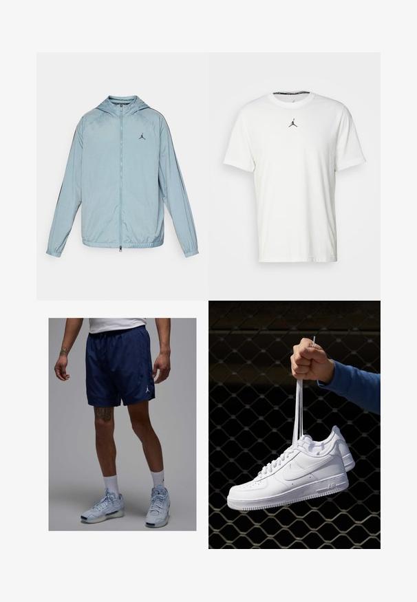 Casaco corta-vento azul claro feito de material suave e leve. Apresenta capuz, fecho de correr de comprimento total e um logotipo preto no peito.; T-shirt branco de mangas curtas, feito de algodão, com um logo Jumpman preto no peito e um decote redondo com uma etiqueta interior preta.; Calções de desporto azul marinho com cintura elástica, bolsas laterais e um logótipo Jumpman branco. Usados com ténis azul claro e meias brancas.; Sapatilhas de couro branco com perfurações, biqueira redonda, sola plana e atacadores grossos, apresentando um logotipo swoosh visível e "AIR" no calcanhar.