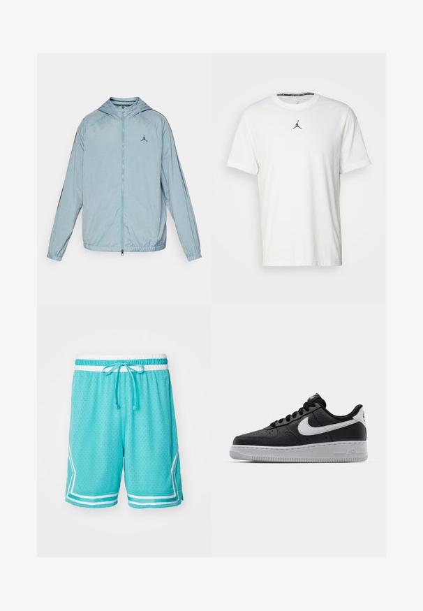 Ljusblå vindjacka gjord av ett slätt, lätt material. Har en huva, hel dragkedja och en svart logotyp på bröstet.; Vitt kortärmad T-shirt i bomull, med en svart Jumpman-logotyp på bröstet och rund halsringning med en svart inre etikett.; Turkosa sportshorts med nättextur, vit snodd och vita sidodetaljer. Har en andningsbar design med perforeringar.; Svart lädersneaker med strukturerad yta, vit Nike-swoosh, grå sula, rund tå och snörningsdesign. Har perforeringar på tåboxen.