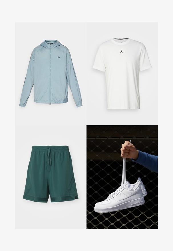 Šviesiai mėlynas vėjo apsauginis švarkas, pagamintas iš glotnaus, lengvo medžiagos. Įrengtas su kapišonu, pilno ilgio užtrauktuku ir juodu logotipu ant krūtinės.; Baltos trumpomis rankovėmis marškiniai, pagaminti iš medvilnės, su juodu Jumpman logotipu ant krūtinės ir apvaliu kaklu su juodu vidiniu žymeniu.; Jordan M J DF SPRT WVN DMND - Sportiniai šortai - oxidized green; Balti odiniai sportiniai bateliai su perforacijomis, apvalia nosimi, plokščiu padu ir storomis raištelėmis, su matomu swoosh logotipu ir "AIR" ant kulno.