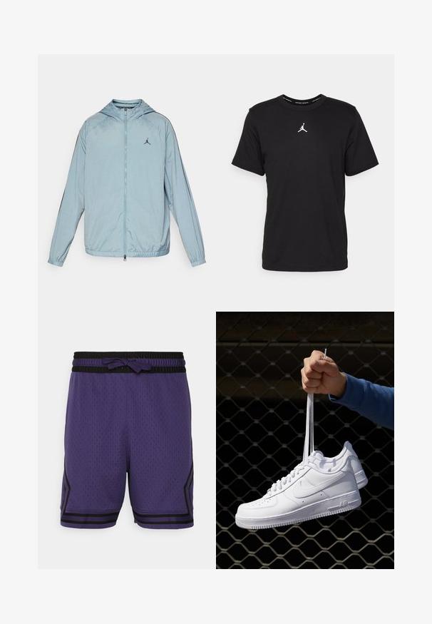 Light blue windbreaker jacket made of smooth, lightweight material. Features a hood, full-length zipper, and a black logo on the chest.; Black cotton t-shirt with short sleeves, round neck, featuring a white Jumpman logo at center chest and a smooth, lightweight texture.; Jordan DIAMOND SHORT - Sports shorts - sky purple/black/sail; White leather sneakers with perforations, round toe, flat sole, and thick laces, featuring a visible swoosh logo and "AIR" on the heel.