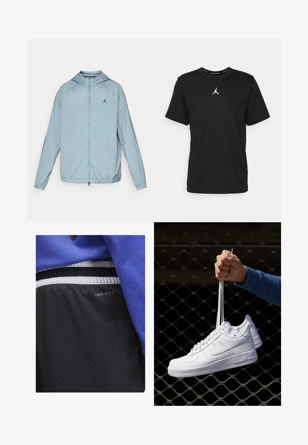Šviesiai mėlynas vėjo apsauginis švarkas, pagamintas iš glotnaus, lengvo medžiagos. Įrengtas su kapišonu, pilno ilgio užtrauktuku ir juodu logotipu ant krūtinės.; Juodas medvilnės marškinėliai trumpomis rankovėmis, apvaliu kaklu, su baltu Jumpman logotipu krūtinės centre ir sklandžia, lengva tekstūra.; Jordan DIAMOND SHORT - Sportiniai šortai - black/white/white/(white); Balti odiniai sportiniai bateliai su perforacijomis, apvalia nosimi, plokščiu padu ir storomis raištelėmis, su matomu swoosh logotipu ir "AIR" ant kulno.