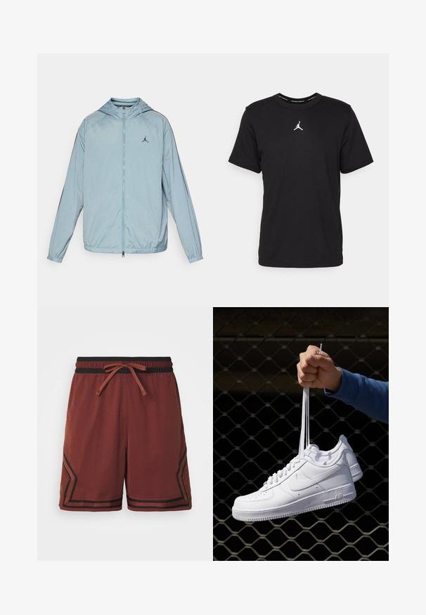Casaco corta-vento azul claro feito de material suave e leve. Apresenta capuz, fecho de correr de comprimento total e um logotipo preto no peito.; T-shirt de algodão preto com mangas curtas, gola redonda, apresentando um logo Jumpman branco ao centro do peito e uma textura lisa e leve.; Calções atléticos vermelhos feitos de tecido respirável, com uma cintura elástica preta com cordão e detalhes em fita contrastante nas laterais.; Sapatilhas de couro branco com perfurações, biqueira redonda, sola plana e atacadores grossos, apresentando um logotipo swoosh visível e "AIR" no calcanhar.