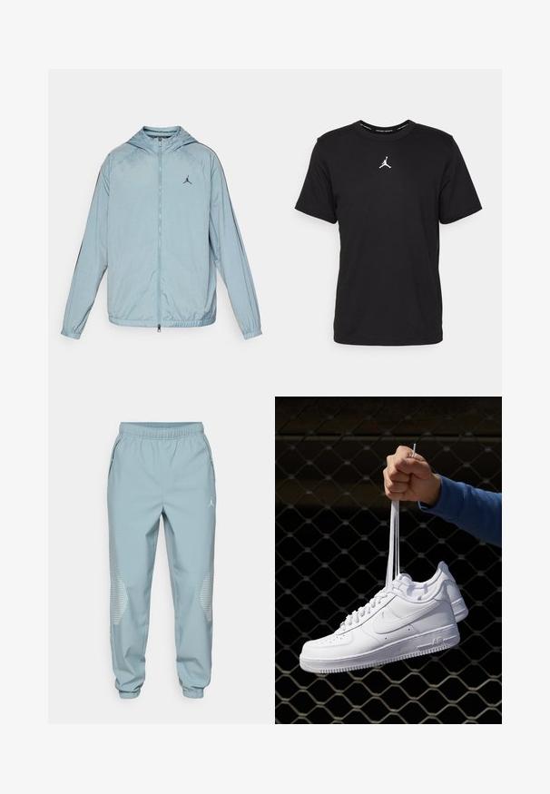 Svijetloplavi windbreaker jakna izrađena od glatkog, laganog materijala. Ima kapuljaču, potpuni zip i crni logo na prsima.; Crni pamučni majica s kratkim rukavima, okruglim izrezom, s bijelim Jumpman logom na središnjem dijelu prsnog koša i glatkom, laganom teksturom.; Svijetloplavi atletski dokoljenice s elastičnim pojasom, bočnim džepovima i reflektirajućim točkastim akcentima na donjem dijelu nogu.; Bijele kožne tenisice s perforacijama, okruglim vrhom, ravnim potplatom i debelim vezicama, s vidljivim swoosh logom i natpisom "AIR" na peti.