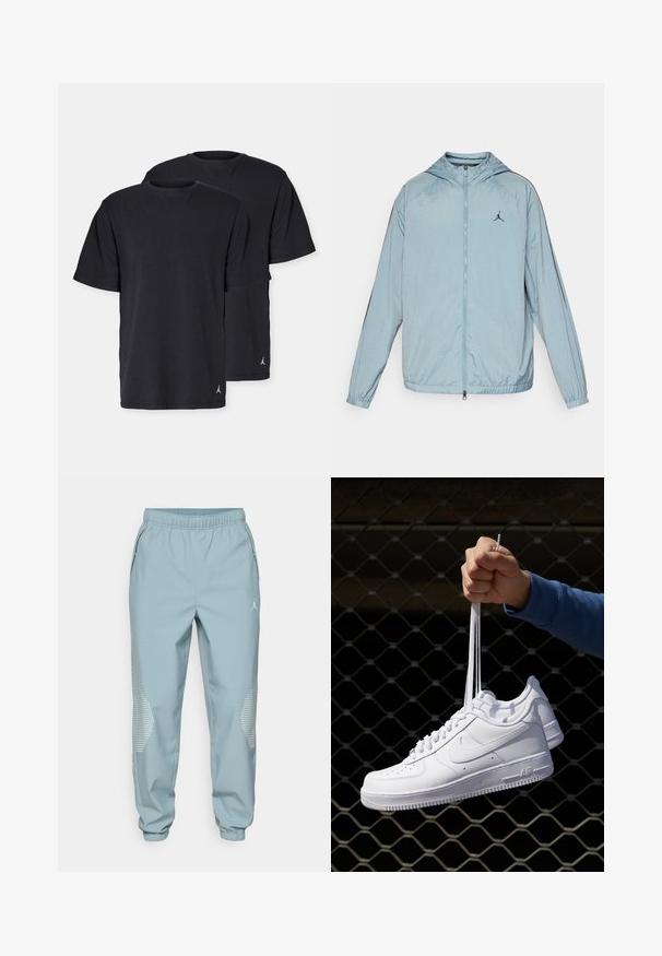 Lichtblauwe windbreakerjas van glad, lichtgewicht materiaal. Beschikt over een capuchon, een rits over de volle lengte en een zwart logo op de borst.; Zwarte katoenen T-shirts in een standaard pasvorm, met korte mouwen en een ronde hals. Inclusief klein logo op de linkerzoom. Twee-pack.; Lichtblauwe sport joggers met een elastische tailleband, zijzakken en reflecterende stippenaccenten op de onderbenen.; Witte leren sneakers met perforaties, ronde neus, vlakke zool en dikke veters, met een zichtbare swoosh-logo en "AIR" op de hiel.