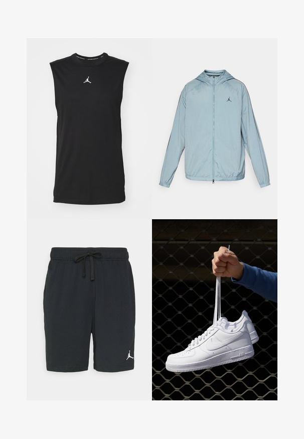 Casaco corta-vento azul claro feito de material suave e leve. Apresenta capuz, fecho de correr de comprimento total e um logotipo preto no peito.; Camiseta preta sem mangas feita de algodão, com decote redondo e um logo Jumpman branco ao centro. Textura suave, corte regular.; Calças de desporto pretas feitas de tecido perfurado com uma cintura elástica e cordão. Apresenta um logótipo branco no lado inferior esquerdo.; Sapatilhas de couro branco com perfurações, biqueira redonda, sola plana e atacadores grossos, apresentando um logotipo swoosh visível e "AIR" no calcanhar.