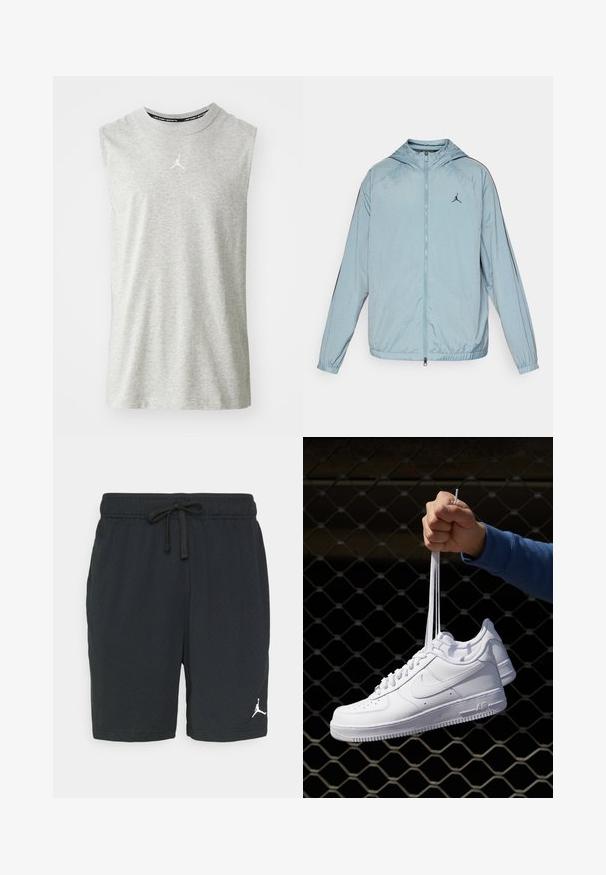 Gai zils vējdrošs jaka, kas izgatavota no gludas, vieglas materiāla. Iezīmes kapuce, pilna garuma rāvējslēdzis un melns logs krūšgalā.; Bez piedurknēm pelēks sporta T-krekls, izgatavots no mīkstas auduma. Tam ir mazs balts logo uz krūtīm un apaļa kakla izgriezums.; Melni sporta šorti, kas izgatavoti no perforētas auduma, ar elastīgu jostasvītru un auklu. Uz apakšējās kreisās puses ir balts logo.; Baltas ādas sporta apavi ar perforācijām, apaļu purngali, plakanu zoli un biezām šņorēm, ar redzamu swoosh logo un vārdu "AIR" uz papēža.