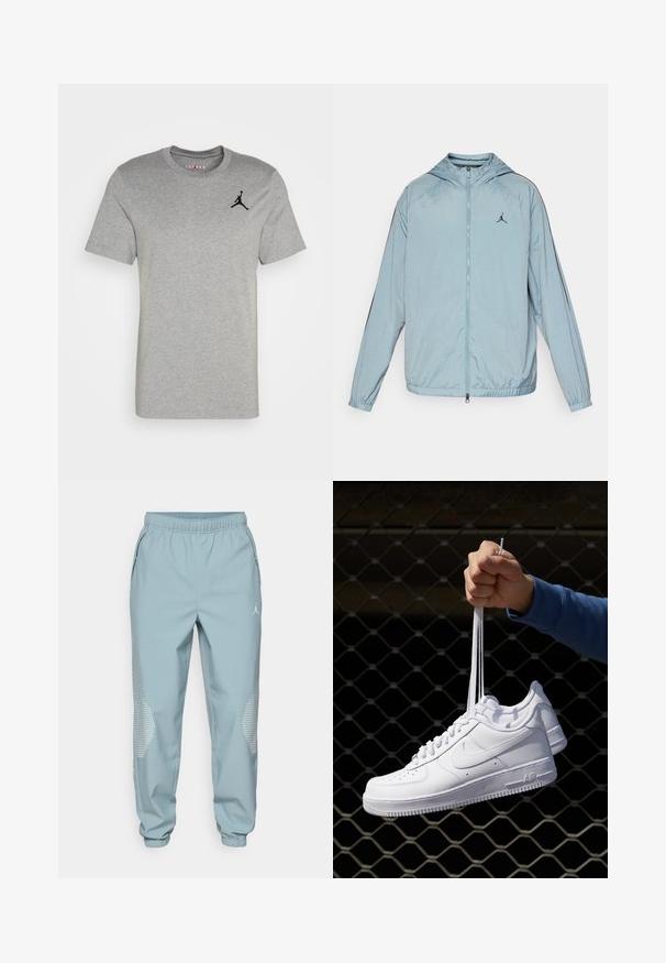 Light blue windbreaker jacket made of smooth, lightweight material. Features a hood, full-length zipper, and a black logo on the chest.; Gray cotton t-shirt with short sleeves, ribbed crew neckline, and black Jordan logo printed on the left chest. Smooth texture.; Light blue athletic joggers with an elastic waistband, side pockets, and reflective dotted accents on the lower legs.; White leather sneakers with perforations, round toe, flat sole, and thick laces, featuring a visible swoosh logo and "AIR" on the heel.