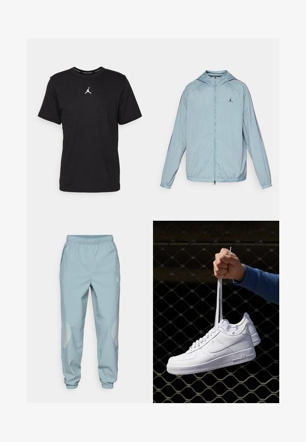 Casaco corta-vento azul claro feito de material suave e leve. Apresenta capuz, fecho de correr de comprimento total e um logotipo preto no peito.; T-shirt de algodão preto com mangas curtas, gola redonda, apresentando um logo Jumpman branco ao centro do peito e uma textura lisa e leve.; Calças de desporto azul claro com cintura elástica, bolsos laterais e detalhes refletivos em forma de pontos nas pernas inferiores.; Sapatilhas de couro branco com perfurações, biqueira redonda, sola plana e atacadores grossos, apresentando um logotipo swoosh visível e "AIR" no calcanhar.