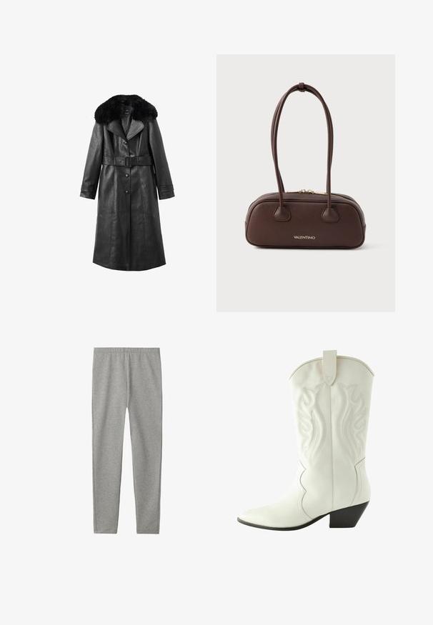 Cappotto in pelle nera con un ampio colletto in pelliccia sintetica, vita con cintura, chiusura a bottoni, maniche lunghe e dettagli con cuciture verticali.; Maglietta grigia a maniche lunghe realizzata in un leggero cotone misto, con scollo rotondo e una texture semplice senza motivi o accenti.; Leggings grigi in tessuto misto cotone, elasticizzati e morbidi al tatto, con una vita elastica per il massimo comfort. Vestibilità aderente con gambe dritte.; Next Stivaletti texani / biker - white; Borsa a mano in pelle marrone con forma arrotondata, due manici corti e hardware color oro; presenta una chiusura con zip e un logo in rilievo.