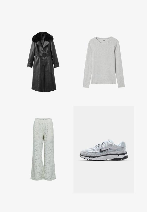 Czarny skórzany płaszcz z dużym kołnierzem z sztucznego futra, z paskiem w talii, zapięciem na guziki, długimi rękawami i pionowymi szwami.; Szara koszula z długim rękawem, wykonana z lekkiej mieszanki bawełny, z okrągłym dekoltem i gładką fakturą, bez wzorów ani dodatków.; Object - Spodnie materiałowe; Nike P-6000 sneakers z jasnoszarym siateczkowym wierzchem, czarnymi akcentami i trwałą czarną gumową podeszwą. Charakteryzują się skomplikowanym wzornictwem i systemem sznurowania.