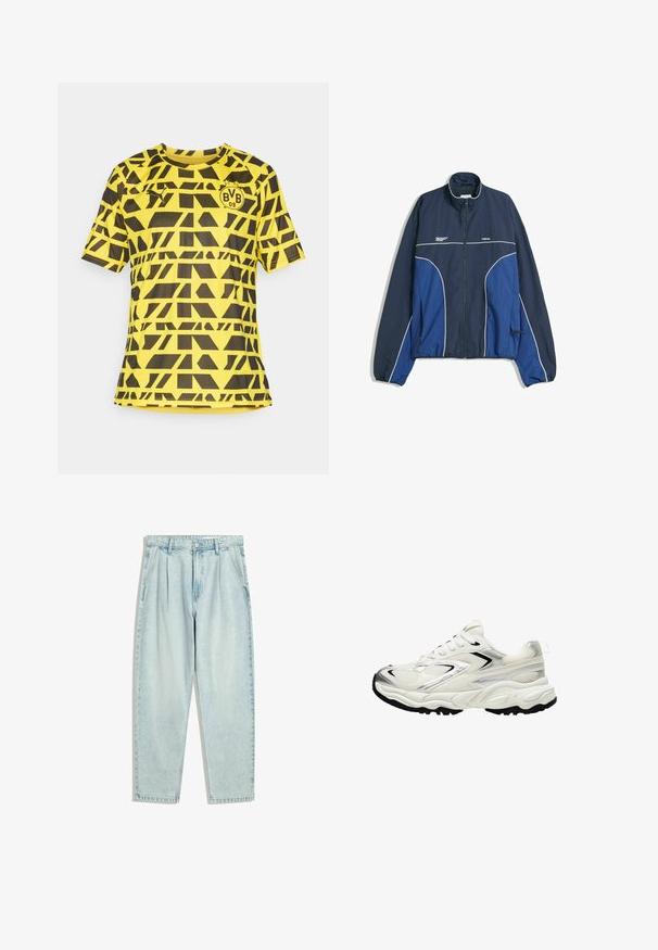 Námornícky modrá vetrovka s bielymi akcentmi a vysokým golierom. Obsahuje predný zips, elastické manžety a voľný strih.; Žltý tričko s krátkym rukávom s geometrickým čiernym vzorom, s okrúhlym výstrihom a logom na ľavej hrudi, vyrobené z ľahkého materiálu.; Svetlomodré džíny z denimu s voľným strihom, vysokým pásom, záhybmi a rovnými nohavicami. Hladká textúra, minimálne opotrebenie.; Biele tenisky s hornou časťou z mriežky, striebornými detailmi, čiernou podrážkou a textúrovanými panelmi. Majú šnurovací dizajn a zaoblený tvar špičky.