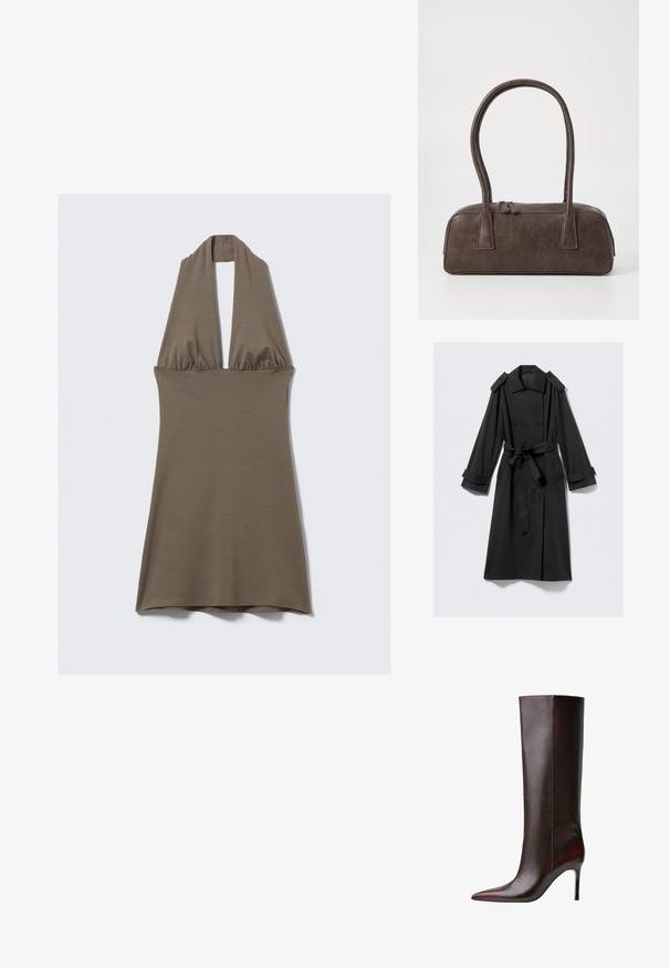 Črni plašč do gležnjev iz gladkega materiala. Ima dvojno zapenjanje na sprednji strani, široke reverje, epoletne naramnice in pas s trakovi.; Halter vrh obleka v olivno zeleni barvi, izdelana iz mehkega, raztegljivega materiala. Ima zbrano pasu in razširjeno krilo z gladko teksturo.; Rjavi usnjeni škornji do kolen s koničastim nosom, sijoča tekstura in stiletto peto. Šivana obdelava ob strani.; Rjava usnjena torbica z dvema trdnima ročkama, pravokotne oblike, gladke teksture in zadrgo. Minimalističen dizajn brez vidnih vzorcev.