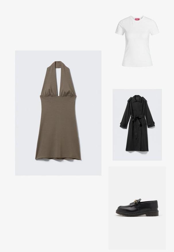 Trench coat nero lungo fino alle caviglie realizzato in tessuto morbido. Presenta una chiusura doppiopetto, ampi revers, spalline e una cintura da annodare.; Abito con allacciatura al collo in verde oliva, realizzato in materiale morbido ed elasticizzato. Presenta una vita arricciata e una gonna svasata, con una texture liscia.; T-shirt bianco in cotone con maniche corte e collo rotondo. Presenta un'etichetta rosa all'interno del collo. Texture liscia.; Mocassini in pelle nera con punta tonda, frange decorative e dettagli in oro. Suola in gomma spessa per maggiore aderenza e durata.; Borsa tote in pelle marrone con un design spazioso. Presenta una texture liscia e un logo dorato discreto. Abbinata a un maglione lavorato a maglia color crema.