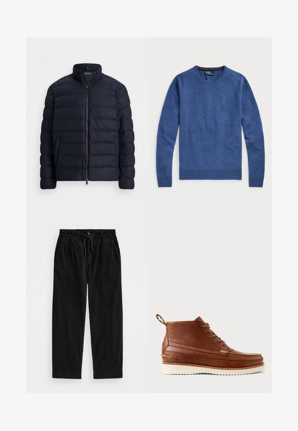 Jachetă puffer de marină cu guler înălțat, design lăcuit pe orizontală, închidere cu fermoar frontal și buzunare laterale. Textură moale, material ușor.; Polo Ralph Lauren WOOL CREWNECK SWEATER - Pulover - tide pool blue heather; Pantaloni negri din catifea cu o croială lejera, având un tiv elastic cu șnur și buzunare laterale. Materialul prezintă o textură ribbed.; Botine din piele maro până la gleznă, cu talpă din cauciuc crem, șireturi în față, cusătură în formă de mocasin și curea pentru prindere la spate, prezentate în profil pe fundal alb.