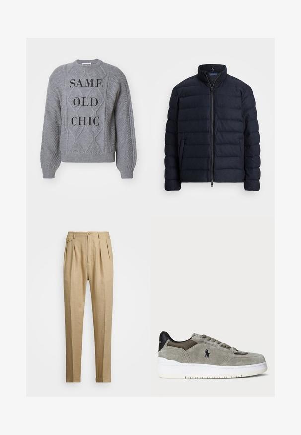 Marineblaue Daunenjacke mit Stehkragen, horizontal gestepptem Design, Frontreißverschluss und Seitentaschen. Weicher Stoff, leichtes Material.; MOSCHINO MAGLIA - Strickpullover - grigio; Beige Leinenhose mit geradem Schnitt, ausgestattet mit zwei vorderen Falten, einem Knopfverschluss und seitlichen Taschen. Strukturierter Stoff mit glatter Oberfläche.; Graue Wildleder-Sneaker mit strukturiertem Obermaterial, kontrastierendem schwarzen Fersenbereich, weißer Sohle und gesticktem Logo. Schnürdesign mit sechs Ösen.