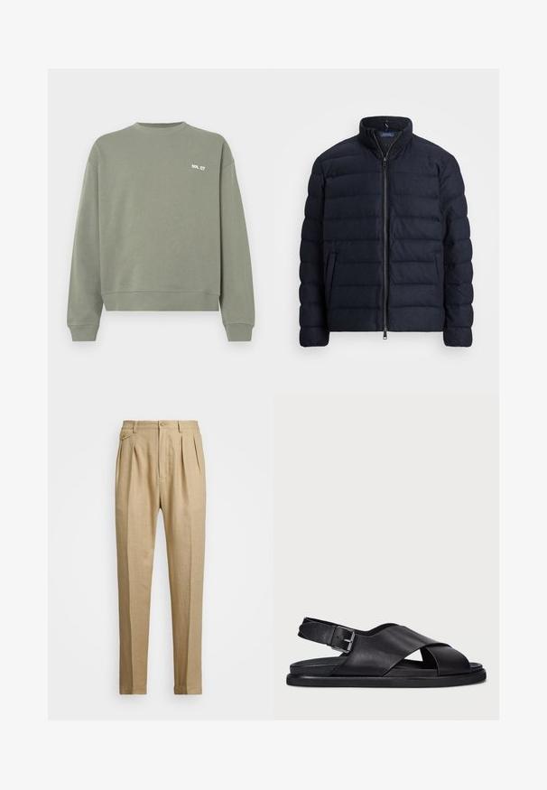 Marineblå puffjakke med ståkrave, horisontalt quiltet design, lynlås lukning foran og sidelommer. Blød tekstur, letvægtsmateriale.; Olivenfarvet sweatshirt lavet af bomuld, med en rund halsudskæring, ribbede manchetter og et lille hvidt tekstlogo på brystet.; Beige linnedbukser med lige snit, prydet med to forkørsler, knaplukning og sidelommer. Struktureret stof med en glat overflade.; Polo Ralph Lauren ZANE LEATHER SANDAL - Sandaler - black