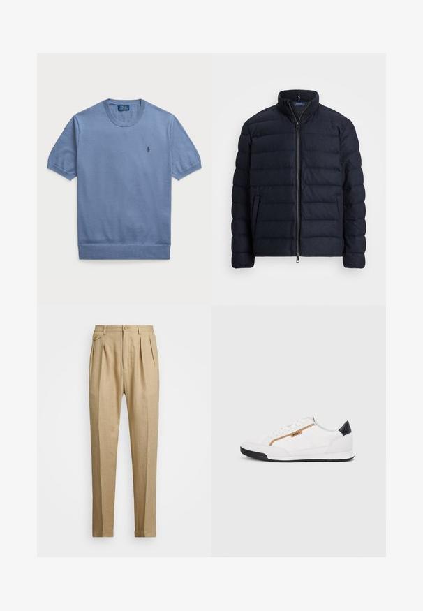 Casaco acolchoado azul-marinho com gola alta, design de costura horizontal, fecho frontal com zíper e bolsos laterais. Textura suave, material leve.; Sweater azul de malha de manga curta com decote redondo. Apresenta um pequeno logótipo no lado esquerdo do peito e punhos e bainha canelados.; Calças de linho bege com corte reto, apresentando dois plissados frontais, fecho com botão e bolsos laterais. Tecido texturizado com um acabamento suave.; Tênis atléticos brancos com detalhes em malha e couro. Apresenta um logotipo dourado "BOSS", painéis laterais texturizados e um capô de calcanhar preto. Sola em borracha.