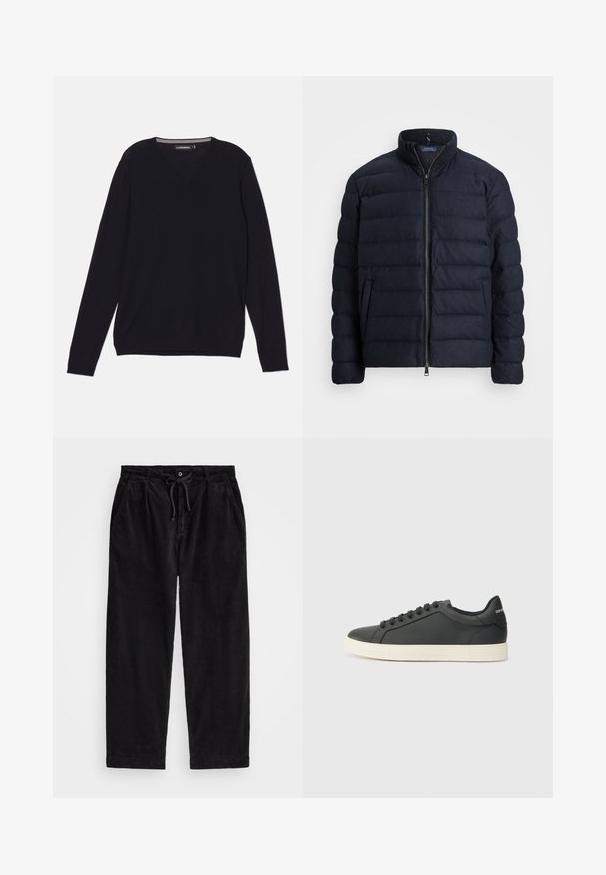 Navy puffer jacket with a stand collar, horizontal quilted design, front zipper closure, and side pockets. Soft texture, lightweight material.; Black long-sleeve V-neck sweater made of a smooth, lightweight fabric. Includes ribbed cuffs and hem for a fitted appearance.; Black corduroy pants with a relaxed fit, featuring an elastic waistband with a drawstring, and side pockets. Fabric shows ribbed texture.; Black leather sneaker with a low profile, rounded toe, and lace-up closure; features a textured rubber sole and logo detail on the heel.