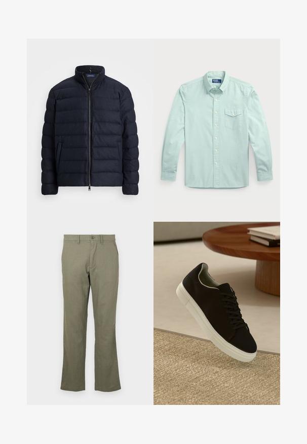 Casaco acolchoado azul-marinho com gola alta, design de costura horizontal, fecho frontal com zíper e bolsos laterais. Textura suave, material leve.; Camisa de botão de manga longa azul-claro com um bolso, apresentando um colarinho, botões à frente e tecido texturizado.; Calças olivas descontraídas, feitas de um tecido macio. Apresentam um corte de perna reta, bolsos frontais e um fecho de botão. Sem padrões visíveis.; Sneaker preto com sola branca flutuando acima de um tapete texturizado bege, perto de uma mesa redonda de madeira com livros empilhados.