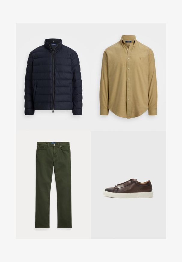 Marinblå pufferjacka med ståkrage, horisontellt quiltat mönster, dragkedja fram och sidofickor. Mjuk textur, lätt material.; Ljusbrun, långärmad skjorta med knappar och krage, tillverkad av ett texturerat tyg. Har en liten logotyp på bröstet.; Khakigröna bomullsjeans med rak benpassform. Har fem fickor, metallknappsförslutning och en varumärkesetikett på midjebandet.; Brun läder sneakers med rund tå, kontrasterande vit gummisula, sydda detaljer och inga synliga snören. Slät yta overall.