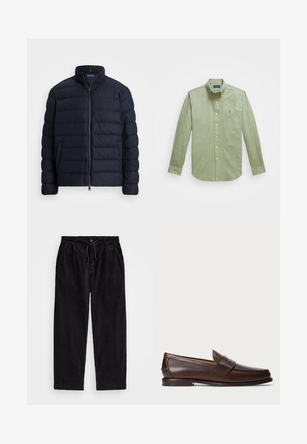 Námořnická prošívaná bunda s vysokým límcem, vodorovným prošívaným designem, zapínáním na předním zipu a bočními kapsami. Jemná textura, lehký materiál.; Světle zelená košile s dlouhým rukávem a knoflíkovým zapínáním, se špičatým límcem, malým vyšitém logem na hrudi a perlovými knoflíky.; Černé kordové kalhoty s volným střihem, vybavené elastickým pasem se šňůrkou a bočními kapsami. Tkanina má jemně rýhovanou strukturu.; Tmavě hnědé kožené penny loafer s nízkým podpatkem, prošívanou špičkou a páskovým detailem přes horní část, vystavené na bílém pozadí.