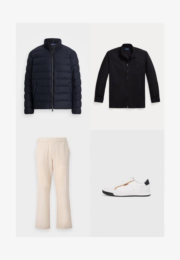 Jūrų laivyno pūkų striukė su stovinčiu apykakle, horizontaliai siūta, priekyje užtrauktukas ir šoniniai kišeniai. Minkštas texture, lengvas audinys.; Juodas švarkas, pagamintas iš lengvos medžiagos, su užtrauktuku priekyje, taškais ir kairėje krūtinės pusėje esančia kišene su logotipu. Ilgos rankovės su rankogalių detalėmis.; Smėlinės plačios kelnės su elastine juosta, dviem priekinėmis kišenėmis ir lygia medvilnės tekstūra. Nėra matomų raštų ar aksesuarų.; Balti sportiniai bateliai su tinklinėmis ir odinėmis detalėmis. Yra auksinė "BOSS" logotipas, tekstūruoti šonai ir juodas kulno dangtelis. Guminis padas.