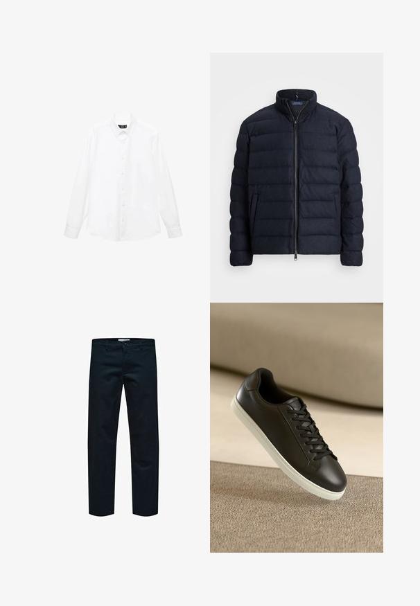 Marinblå pufferjacka med ståkrage, horisontellt quiltat mönster, dragkedja fram och sidofickor. Mjuk textur, lätt material.; Vit långärmad skjorta med knapp-down krage, framknappar, rak nederkant och mjukt bomullstyg. Minimalistisk design utan mönster.; Svarta bomullsbukser med raka ben, som har en enkel knappstängning och standardfickor. Slät textur utan synliga mönster.; Svarta lädersneakers med vit gummisula och svarta snörningar, placerade mot en beige tygyta och bakgrund.