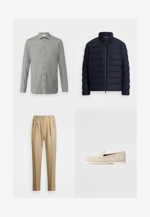 Námořnická prošívaná bunda s vysokým límcem, vodorovným prošívaným designem, zapínáním na předním zipu a bočními kapsami. Jemná textura, lehký materiál.; Světle šedá košile na knoflíky vyrobená z texturované tkaniny, s klasickým límcem, dlouhými rukávy a šedými knoflíky na přední straně.; Béžové lněné kalhoty rovného střihu, s dvěma předními sklady, zapínáním na knoflík a bočními kapsami. Strukturovaná tkanina s hladkým povrchem.; Polo Ralph Lauren MERTON VENETIAN LOAFER - Mokasíny - milkshake