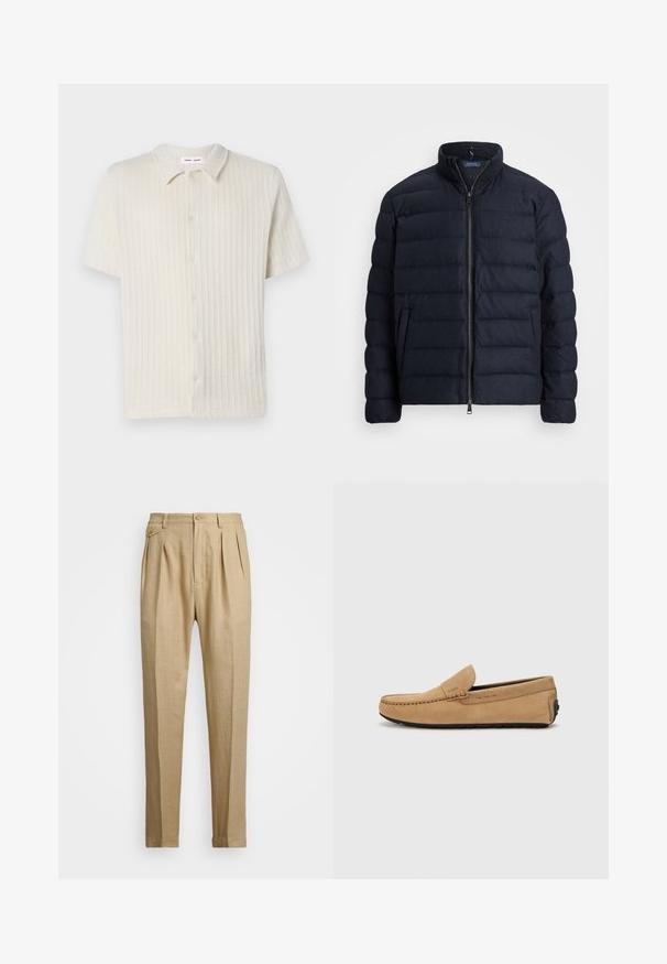 Navy puffer jacket with a stand collar, horizontal quilted design, front zipper closure, and side pockets. Soft texture, lightweight material.; Short-sleeve, button-up shirt in light beige with a textured ribbed pattern and a classic collar. Made of soft, breathable fabric.; Beige linen trousers with a straight cut, featuring two front pleats, a button closure, and side pockets. Textured fabric with a smooth finish.; Beige suede moccasin shoe with a stitched toe, slip-on design, and black rubber sole. Features subtle branding on the side.