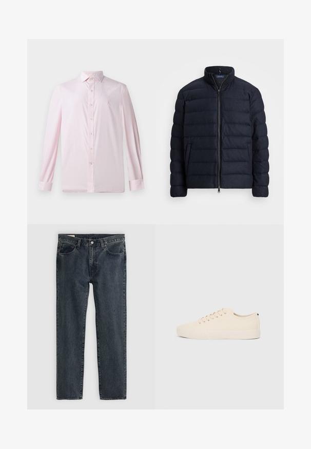 Jūrų laivyno pūkų striukė su stovinčiu apykakle, horizontaliai siūta, priekyje užtrauktukas ir šoniniai kišeniai. Minkštas texture, lengvas audinys.; Rožinė ilgomis rankovėmis mygtukinė palaidinė su vertikaliomis juostomis, taškinis guleris ir kontrastingi balti mygtukai; turi mažą logotipą ant krūtinės.; Tamsiai mėlynos džinsinės kelnės su tiesioginiu kirpimu, penkiais kišenėmis ir mygtukų uždarymu. Audinys rodo subtilų išblukimą ir tekstūrą.; Šviesiai rudos drobės sportbačiai su apvalia nosimi, plokščiu guminiu padu ir raišteliais priekyje. Pasižymi minimalizmu ir juodu akcentu kulne.