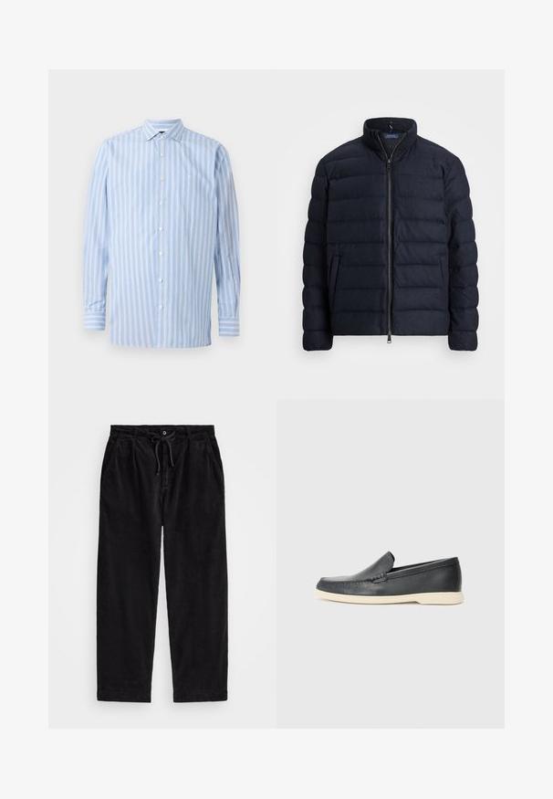 Giacca puffer blu navy con colletto alto, design a righe orizzontali, chiusura frontale con zip e tasche laterali. Tessuto morbido, materiale leggero.; Camicia a manica lunga di colore blu chiaro con righe verticali bianche e blu chiaro, con design a bottoni, colletto e un piccolo logo ricamato sul petto.; Pantaloni in velluto a coste neri con una vestibilità rilassata, dotati di una vita elasticizzata con cordoncino e tasche laterali. Il tessuto presenta una texture a coste.; Mocassini neri in pelle con finitura testurizzata e suola in gomma beige a contrasto. Presentano un accento sottile lungo la parte anteriore.