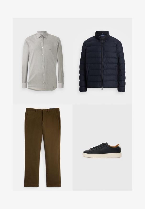 Mornarska puffer jakna z odcvetnim ovratnikom, horizontalnim prešitim dizajnom, sprednjim zadrgo in stranskima žepoma. Mehak tekstil, lahek material.; Moška srajca z dolgimi rokavi z navpičnimi črnimi in belimi tankimi črtami, z gumbi spredaj in z ostrim ovratnikom na enobarvni podlagi.; Rjave bombažne chino hlače z gladkim zaključkom, ravnim sprednjim delom, stranskimi žepi in ravnimi nogami. Ponašajo se z nežnim šivom ob robovih.; Črne usnjene superge z gladko teksturo, bež gumijastim podplatom, zavezovalnim dizajnom in kontrastnim nagibom na peti.