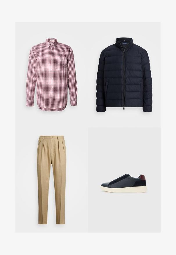 Veste matelassée marine avec un col montant, design matelassé horizontal, fermeture éclair à l'avant et poches latérales. Texture douce, matériau léger.; Chemise à carreaux rouge et blanche, à manches longues, avec un col et une poche poitrine. Fabriquée en tissu léger, à la texture douce.; Pantalons en lin beige avec une coupe droite, arbore deux pinces à l'avant, une fermeture à bouton et des poches latérales. Tissu texturé avec une finition lisse.; Baskets basses pour hommes en cuir noir et daim avec un tirant de talon bordeaux et une semelle en caoutchouc blanche, vues depuis le côté extérieur.