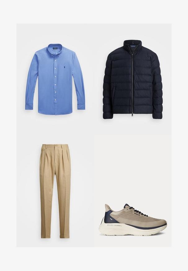 Casaco acolchoado azul-marinho com gola alta, design de costura horizontal, fecho frontal com zíper e bolsos laterais. Textura suave, material leve.; Camisa azul-claro de manga longa com colarinho de botão, botões brancos e um pequeno logótipos bordado no lado esquerdo do peito. Textura suave.; Calças de linho bege com corte reto, apresentando dois plissados frontais, fecho com botão e bolsos laterais. Tecido texturizado com um acabamento suave.; Sapatilha atlética bege com parte superior em malha texturizada, detalhes em azul-marinho, sola branca espessa e um design intrincado. Possui atacadores e logótipo.