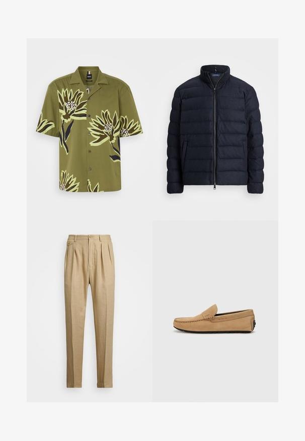 Jachetă puffer de marină cu guler înălțat, design lăcuit pe orizontală, închidere cu fermoar frontal și buzunare laterale. Textură moale, material ușor.; Cămașă cu mâneci scurte, de culoare verde măsliniu, cu un imprimeu floral mare în negru și verde deschis, având guler și închidere cu nasturi în față.; Pantaloni din in bej cu croi drept, având două pliuri frontale, închidere cu nasture și buzunare laterale. Material texturat cu un finisaj neted.; Mocasin din suede bej, cu vârf cusut, design slip-on și talpă din cauciuc negru. Prezintă un branding subtil pe lateral.