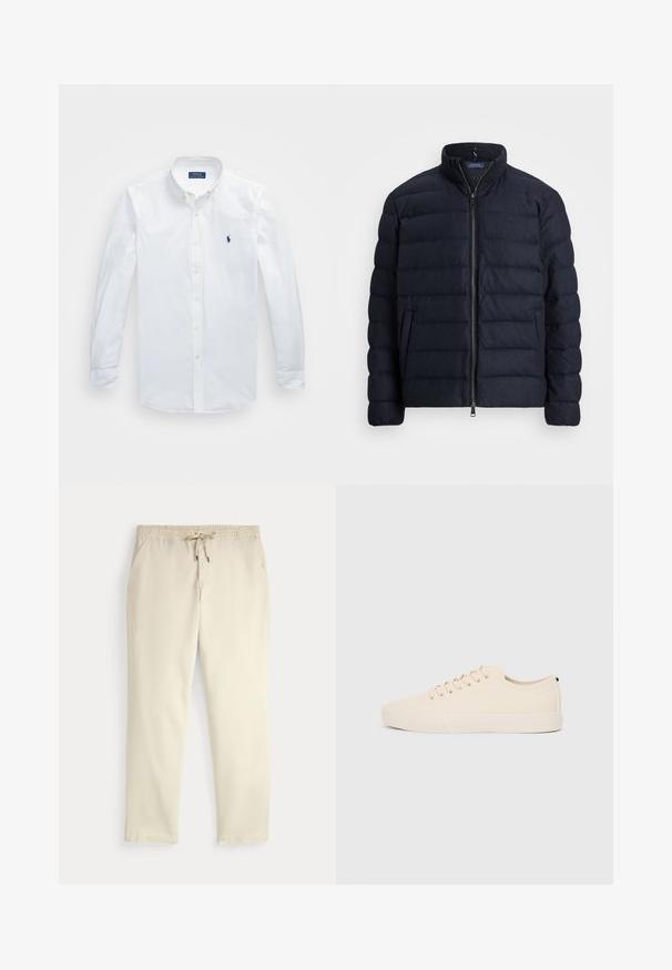 Jūrų laivyno pūkų striukė su stovinčiu apykakle, horizontaliai siūta, priekyje užtrauktukas ir šoniniai kišeniai. Minkštas texture, lengvas audinys.; Balta ilgomis rankovėmis mygtukų marškiniai, pagaminti iš medvilnės, su klasikine apykakle ir mažu mėlynu logotipu kairėje krūtinės pusėje.; Oficialiai balti kasdieniniai kelnės su elastiniu juosmeniu ir raišteliu, tiesiomis kojomis ir šoninėmis kišenėmis prieš paprastą foną.; Šviesiai rudos drobės sportbačiai su apvalia nosimi, plokščiu guminiu padu ir raišteliais priekyje. Pasižymi minimalizmu ir juodu akcentu kulne.