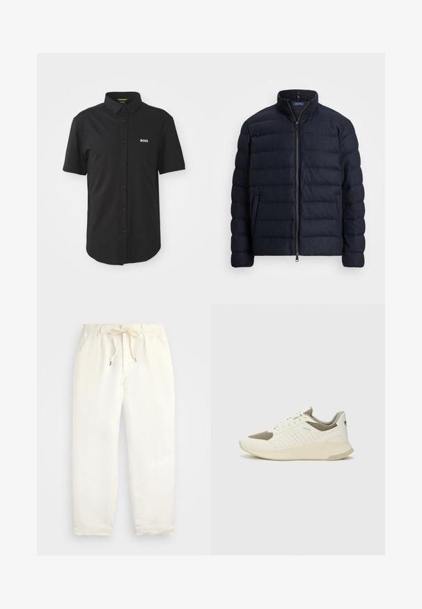 Jūrų laivyno pūkų striukė su stovinčiu apykakle, horizontaliai siūta, priekyje užtrauktukas ir šoniniai kišeniai. Minkštas texture, lengvas audinys.; Juodas marškinėliai su trumpomis rankovėmis, su sagų uždarymu ir smailiu apykaklės dizainu. Kairėje krūtinės pusėje yra balta "BOSS" logotipo užrašas. Pagaminta iš lygaus audinio.; Šviesiai kreminės spalvos, laisvalaikio kelnės iš minkštos medžiagos. Turi elastinį juosmenį su raišteliais ir siaurėjantį kojų dizainą.; Baltas ir šviesiai bežinis sportinis kedas, su tinklo viršumi, perforuotais detalėmis ir tekstūruotu tarpine su logotipu ant kulno.