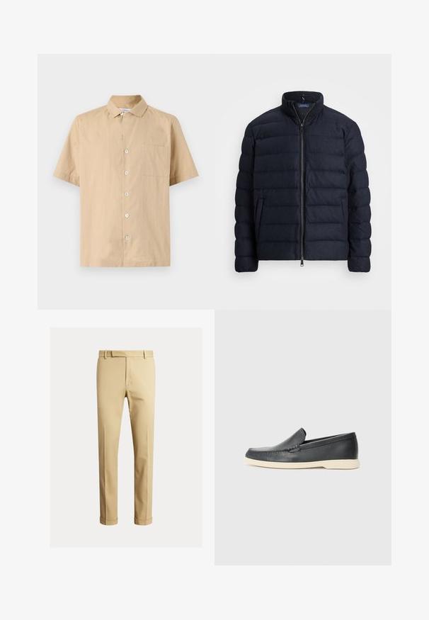 Granatowa kurtka puchowa z stójką, poziomym pikowaniem, zapięciem na zamek błyskawiczny z przodu oraz bocznymi kieszeniami. Miękka tekstura, lekki materiał.; Koszula z krótkim rękawem, zapinana na guziki, w jasnobeżowej tkaninie o miękkiej fakturze, z kieszonką na lewej piersi i sześcioma guzikami z przodu.; Khaki chinos wykonane z gładkiej bawełnianej tkaniny, charakteryzujące się dopasowanym krojem, fałdami z przodu oraz mankietami przy kostkach dla zwężonego wyglądu.; Czarne skórzane slip-ony w stylu loafers z teksturowanym wykończeniem i kontrastującą beżową gumową podeszwą. Posiadają delikatny akcent wzdłuż przodu.
