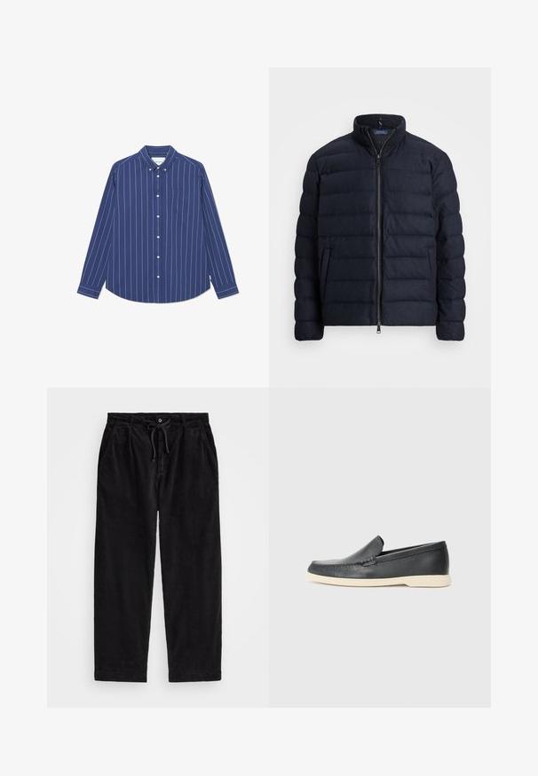 Laivastonsininen puffatakki, jossa on seisomakaulus, vaakasuuntainen tikkaus, edessä vetoketjukiinnitys ja sivutaskut. Pehmeä pinta ja kevyt materiaali.; Laivaston napitettavissa oleva paita, jossa on valkoisia pystysuoria raitoja, pitkät hihat ja rintatasku. Valmistettu sileästä kankaasta, jossa on kaulussuunnittelu.; Mustat corduroy-housut rento istuvuus, jossa on elastinen vyötärö ja kiristysnarut, sekä sivutaskut. Kangas näyttää railoa tekstuuria.; Mustat nahkakengät ilman nauhoja, joissa on teksturoitu pinta ja kontrastoiva beige kumipohja. Kengissä on hillitty yksityiskohta etuosassa.