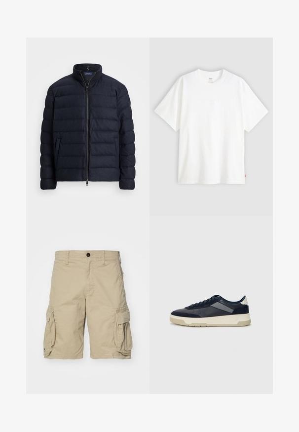 Jachetă puffer de marină cu guler înălțat, design lăcuit pe orizontală, închidere cu fermoar frontal și buzunare laterale. Textură moale, material ușor.; Tricou alb cu mânecă scurtă, confecționat din bumbac, cu gât rotund. Prezintă un detaliu logo subtil embosat pe față și un etichetă roșie la tiv.; Shorts cargo bej din material de bumbac, având buzunare laterale, închidere cu nasture și un design cu croială dreaptă. Textură netedă.; BOSS BALTIMORE - Sneakers low - open blue